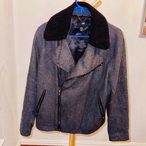 H&M Biker Style Wool-Blend Coat with Faux Shearling Collar – Size 40R
